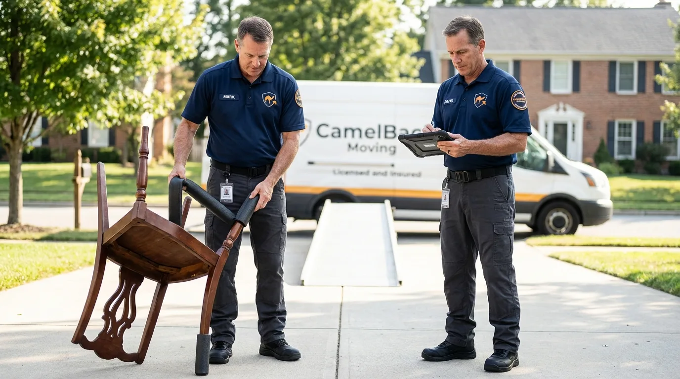 Movers inspecting furniture for damage prevention before loading in Auburn, NE