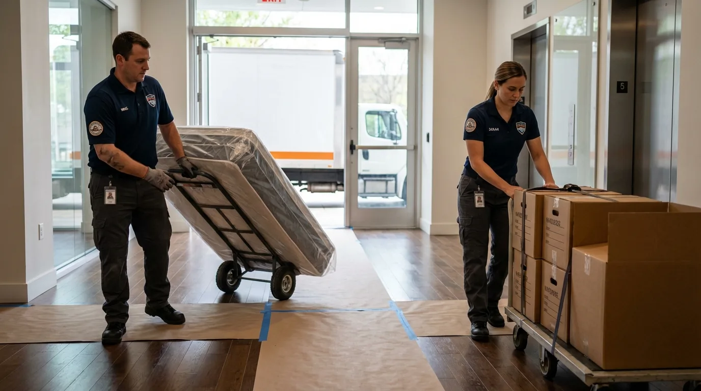 Professional apartment movers loading elevator in Auburn, NE