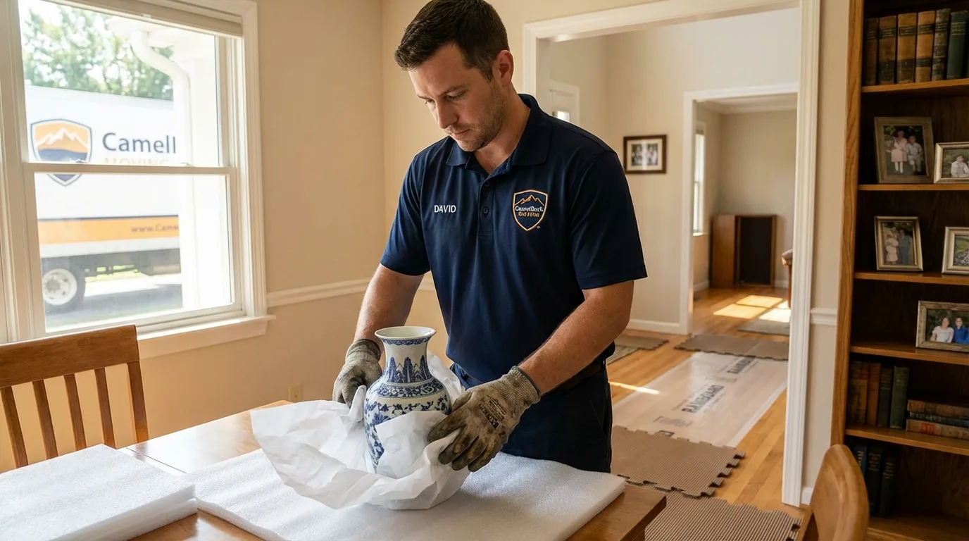 Professional crew carefully wrapping antique vase for senior downsizing move in Auburn, NE